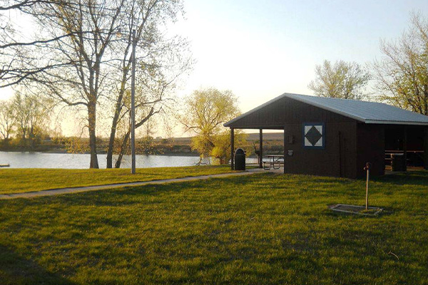 Park shelter and pond at Meredith Park