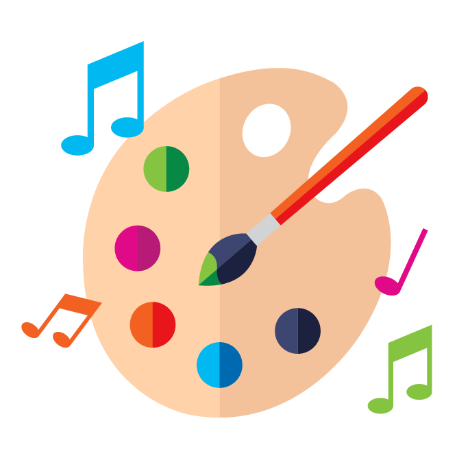 Illustration with paint palette, paint brush, and music notes