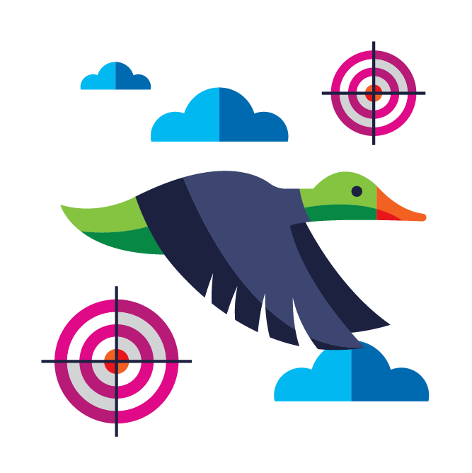 Illustration with duck, clouds, and shooting targets